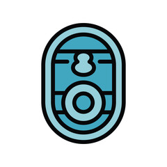 An ovalshaped blue icon with a black outline The icon features a top bar a figure eight shape and a circular object