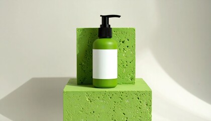 Green Lotion Bottle with Blank Label on Limewash Cube