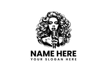 Illustration of a beautiful woman singing into a vintage microphone, a music and entertainment logo concept. 39