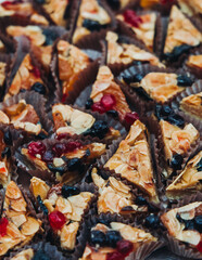 Set of coffee break in the hotel during conference meeting, with tea and coffee catering, decorated catering banquet table with variety of different pastry and bakery, with croissants, pie and cookies