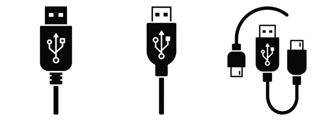 usb c cable icon set, black color and white background