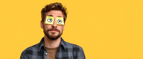 A man with sticky notes showing cartoon eyes over his eyes conveys playful work.