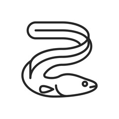 Black outline illustration of an eel with a curved body The eye and gill are visible