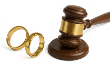 Divorce concept showing gavel and wedding rings