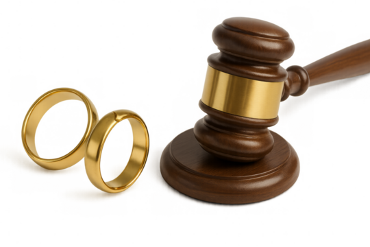 Divorce concept showing gavel and wedding rings