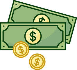 Flat Illustration of Money Bills and Coins with Dollar Sign