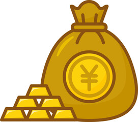 Treasure Money Bag with Gold Bars and Japanese Yen Sign Icon (JPY, ¥)