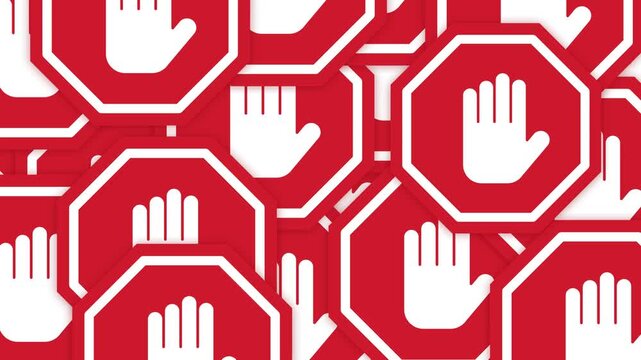 Stacked red octagon hand stop popup signs on green screen background restriction warning animation