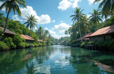 Tropical river flows by stilted homes nestled among lush jungle and palm trees under blue sky with white clouds. Scenic waterway path leads to remote exotic island village, tranquil nature paradise.
