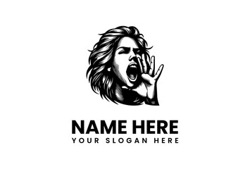 Energetic black and white illustration of a woman shouting, a symbol of powerful communication, protest, or urgent expression, suitable for strong branding and impactful designs