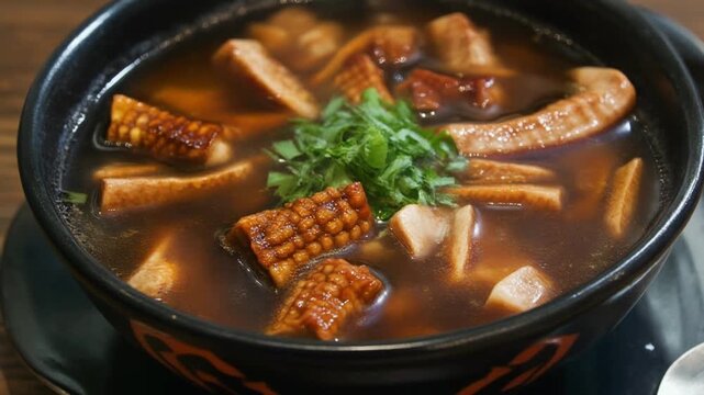 A close-up shot of ee; soup soup served in a black bowl, garnished with fresh green herbs, featuring sliced mushrooms and textured meat pieces.