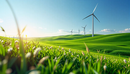 wind turbines on green field