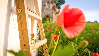 Red Poppy in a Field Near a Rustic Wooden Ladder