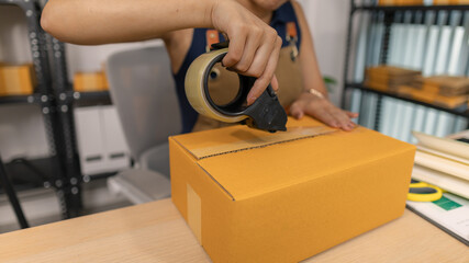 Young female entrepreneur carefully sealing package with tape, preparing merchandise orders,...
