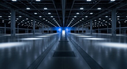 Fototapeta premium Spacious and modern distribution warehouse, illuminated by ceiling lights, perfect for storage and