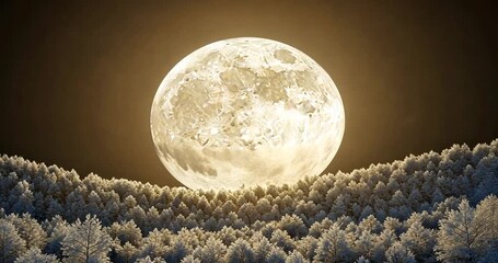 Majestic full moon rising over a snowy forest landscape at dusk, creating a serene atmosphere