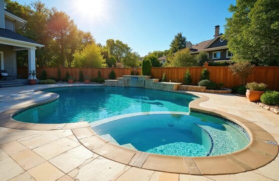 Luxury backyard pool with spa and waterfall feature. Clean turquoise water reflects sunny day sky. Elegant patio surrounds bright blue swimming area. Beautiful home exterior.