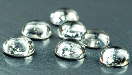 Silver Liquid Mercury Droplets Cluster on Dark Grey Reflective Surface