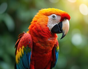 Obraz premium Bright scarlet macaw parrot sits with vibrant feathers. Bird looks into distance with yellow orange head plumage. Rich green foliage background in soft light.