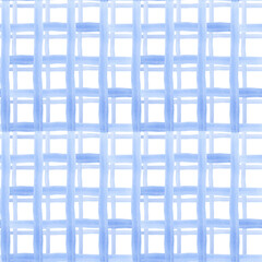 Watercolor seamless pattern with blue checkered grid on white background. Simple gingham geometric design for kitchen textiles, wrapping paper, fabric prints, rustic food packaging or cottage decor.