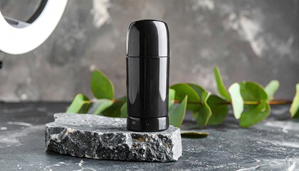 Black Deodorant Stick Mockup on Stone Plinth with Eucalyptus