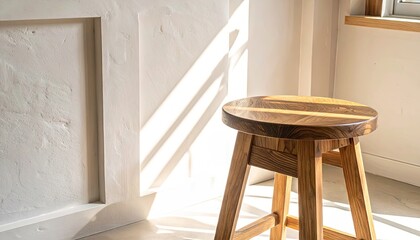 Wooden Stool in Sunlit Room with White Walls