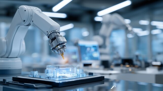 High-tech pharmaceutical lab where robotic arms assemble and fill medicinal capsules while analyzing samples on digital screens, symbolizing precision engineering, AI automation, and