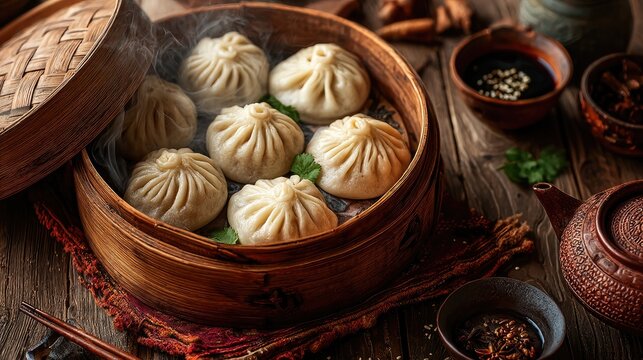 Mongolia dish Buuz Steamed dumplings filled with minced mutton plump doughy pouches with meat inside