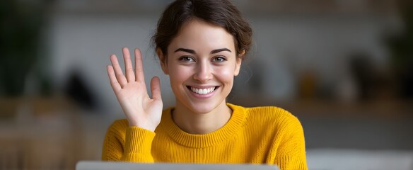 Happy woman waving as she uses her laptop at home workspace