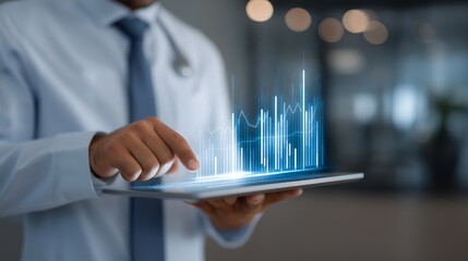 Health insurance consultant explaining benefits of coverage using digital charts, symbolizing wellness protection, preventive care, data transparency, and professional insurance expertise.