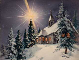 Vintage Christmas church under bright star &ndash; peaceful winter night illustration with snowy trees, nostalgic holiday artwork in retro postcard style