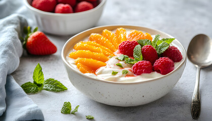 Greek yogurt bowl with sliced orange fruit and fresh raspberries, white ceramic bowl on light gray stone surface
