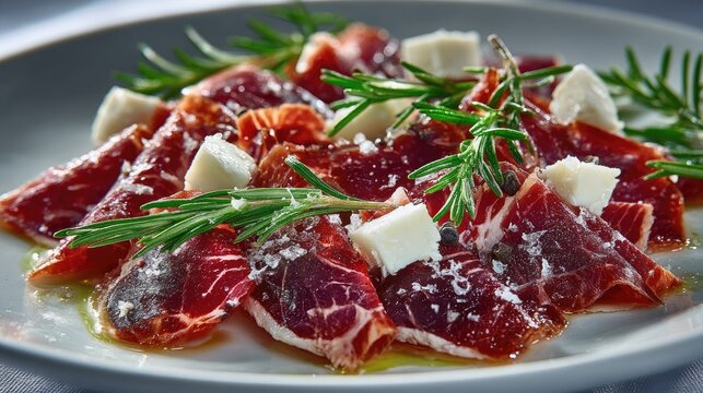 Montenegro dish Njeguski Prsut Air-dried smoked ham dark red slices with white fat marbling