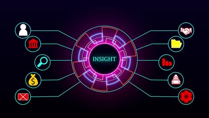 The is a futuristic digital interface displaying financial data and  representing modern analytics and innovation with insight business icon on a black background 4k animation motion video .. - Powered by Adobe