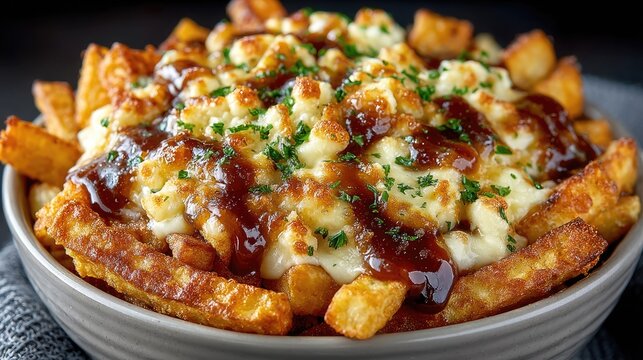 Canada dish Poutine Crispy fries topped with cheese curds and rich gravy gooey and savory
