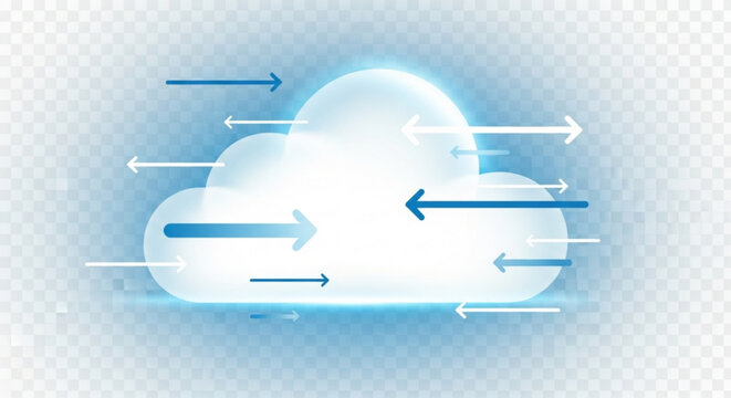 Cloud computing illustration with blue arrows indicating data flow in and out of cloud