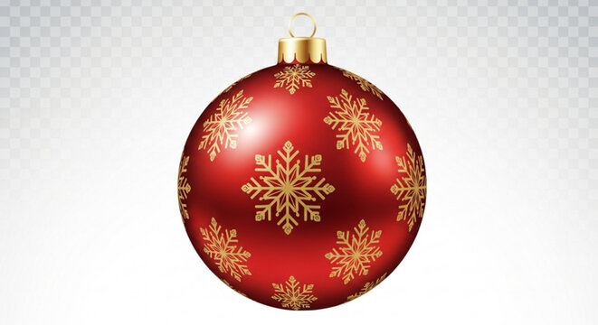 A christmas ornament is red with gold snowflakes hanging on a transparent background