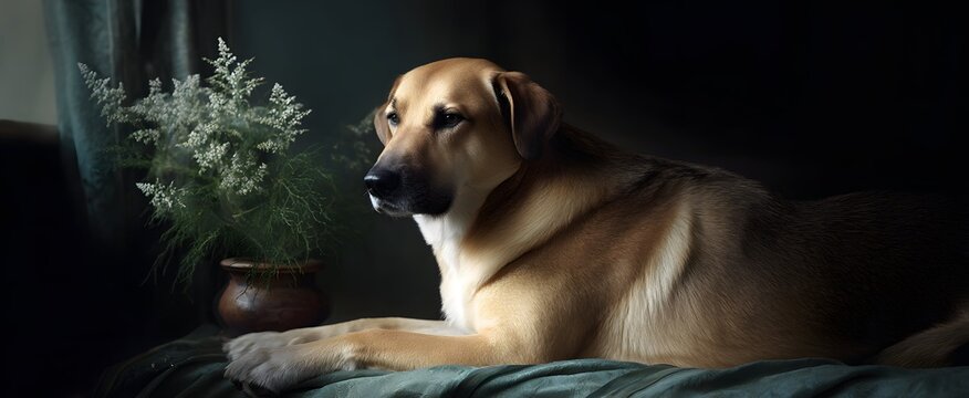 The elegant dog chillin calmly in a peaceful studio spot.