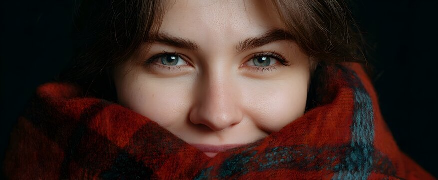 The face reveals a subtle half-hidden smile behind a cozy warm scarf.
