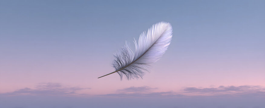 The feather floats gently evoking calmness against the pale sky background