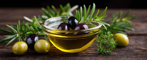 The glass bowl of olive oil shines like liquid gold hugged by fresh olives and herbs