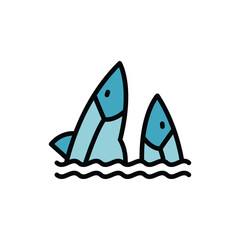 Two stylized blue sharks partially emerge from black wavy lines representing water Each shark has an eye and black outlines