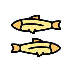Two stylized fish icons are depicted on a white background Each fish has a yellow body outlined in black with orange accents on the tail and head