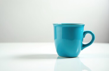 Obraz premium Bright blue coffee mug sits on clean white surface against pale background. Simple, modern shot features minimalist aesthetic perfect for various design needs. Mug comfortable handle, ready for use.