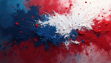 Red white blue paint splatter abstract background. Energetic splash texture suggests American patriotism liberty and freedom. Festive celebration or political statement.