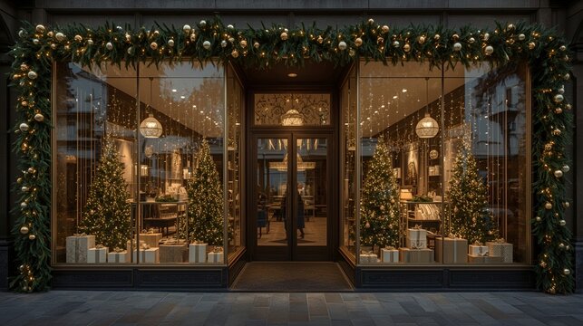 Luxury shop window display featuring Christmas trees and warm glowing lights.