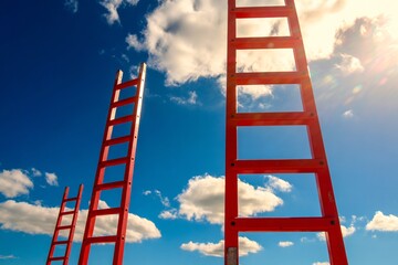 Red ladders against blue sky background for success and opportunity
