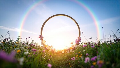 Circular Arch in Vibrant Flower Meadow with Rainbow and Lens Flare
