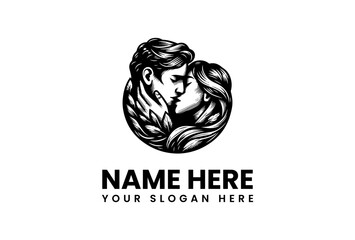 Classic hand-drawn logo of a romantic couple in an intimate embrace, a timeless black and white illustration symbolizing love and passion