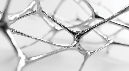 Abstract network of silvery, interconnected, flowing forms against a light gray background.  Complex, organic structure with intricate branching details